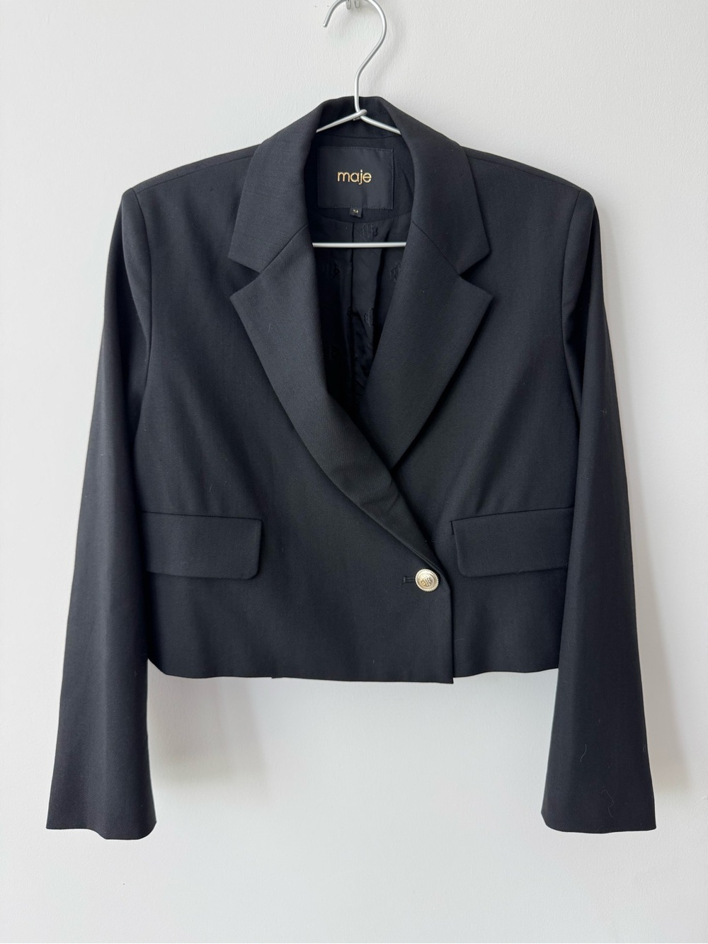 Maje Paris Black Cropped Single-Button Blazer with Notch Lapel - Size 34